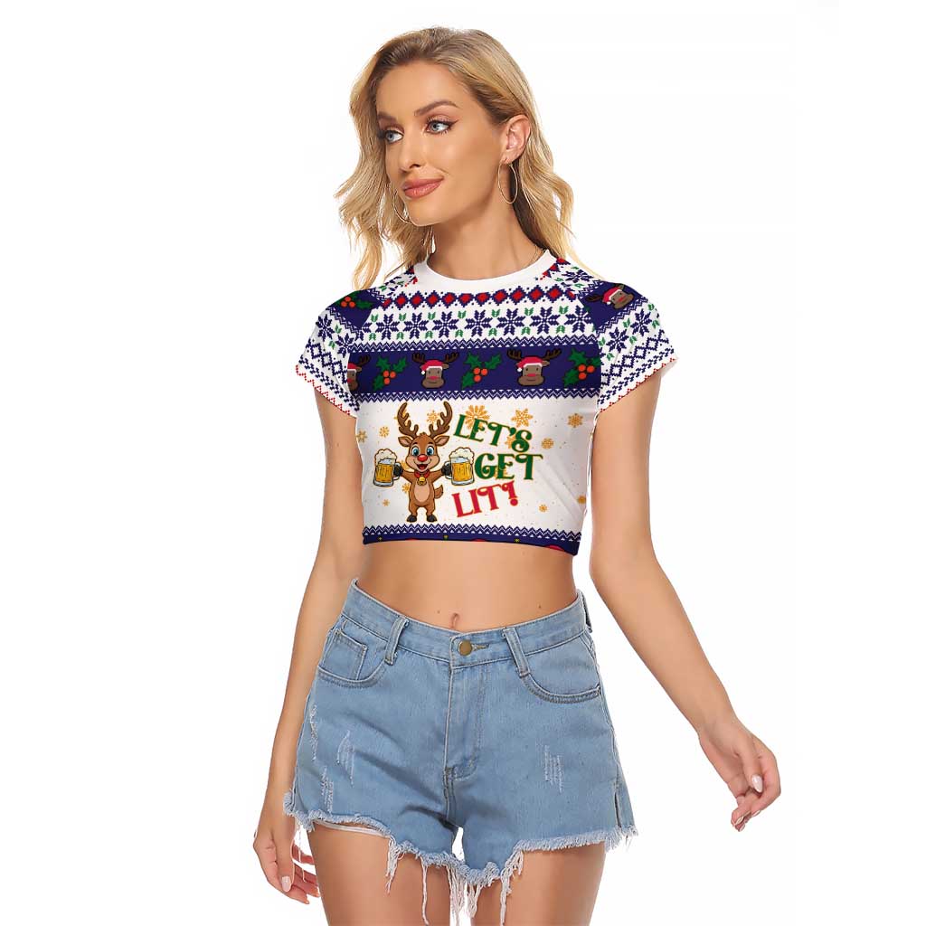 Reindeer Beer Christmas Raglan Cropped T Shirt Xmas Holiday Patterns - Wonder Print Shop