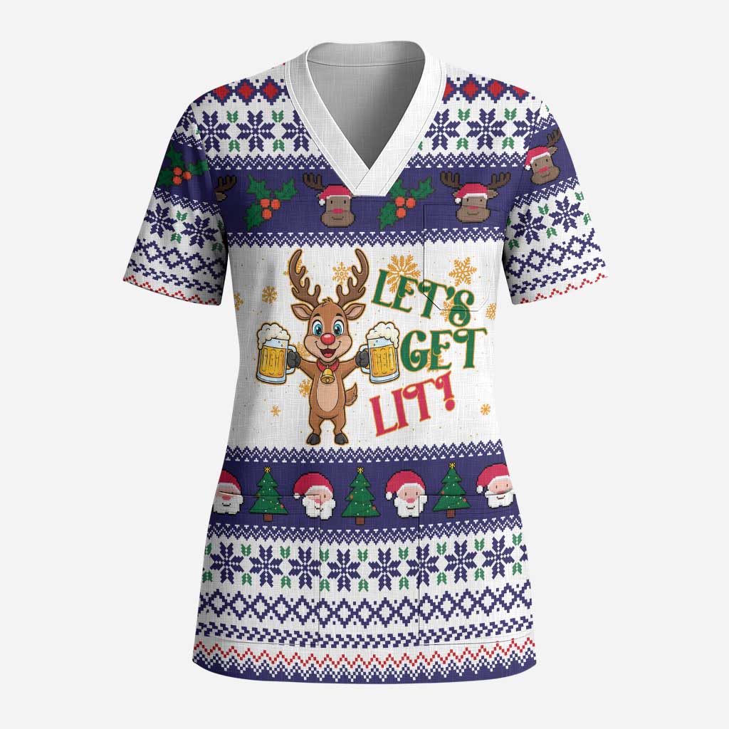 Reindeer Beer Christmas Scrub Top Xmas Holiday Patterns - Wonder Print Shop