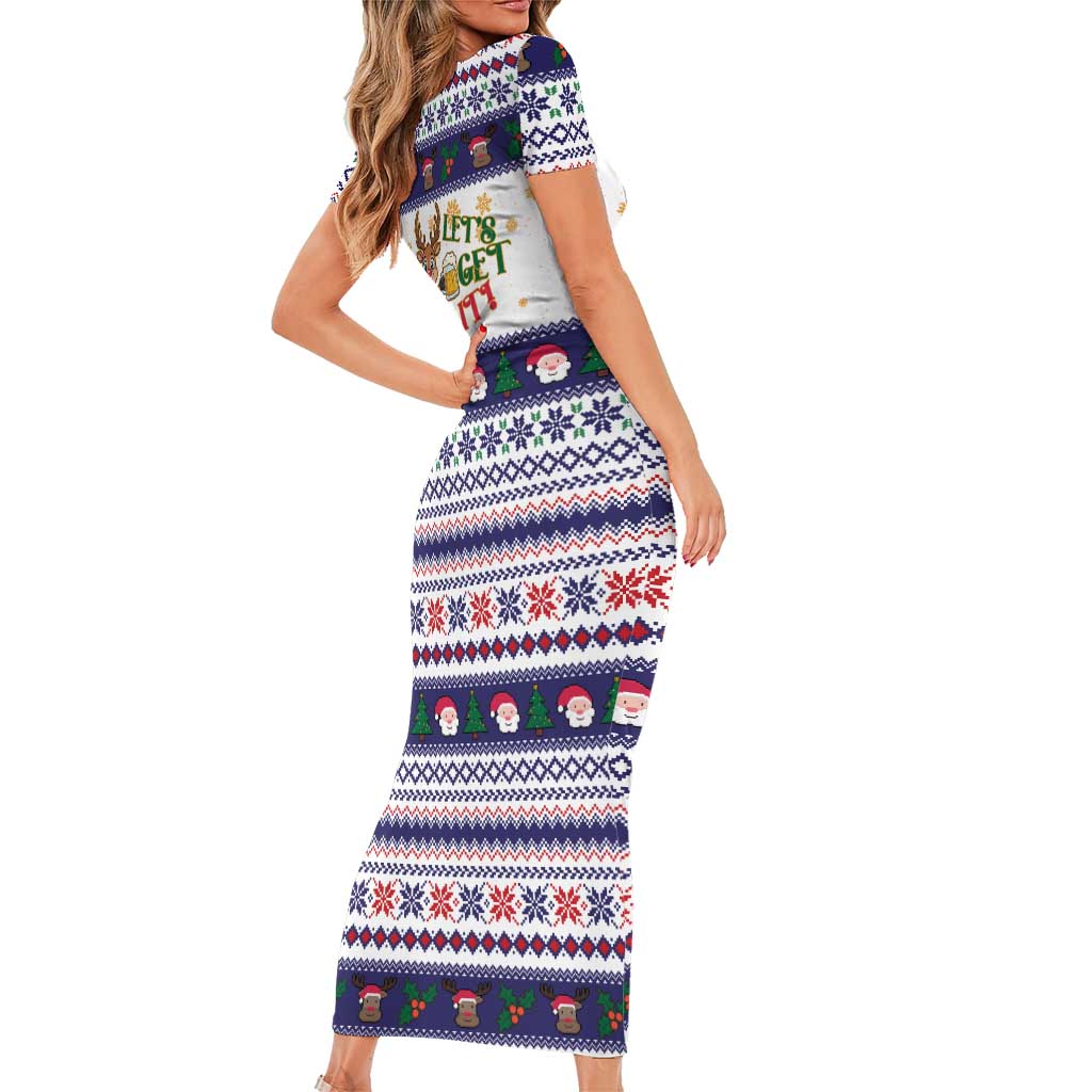 Reindeer Beer Christmas Short Sleeve Bodycon Dress Xmas Holiday Patterns - Wonder Print Shop