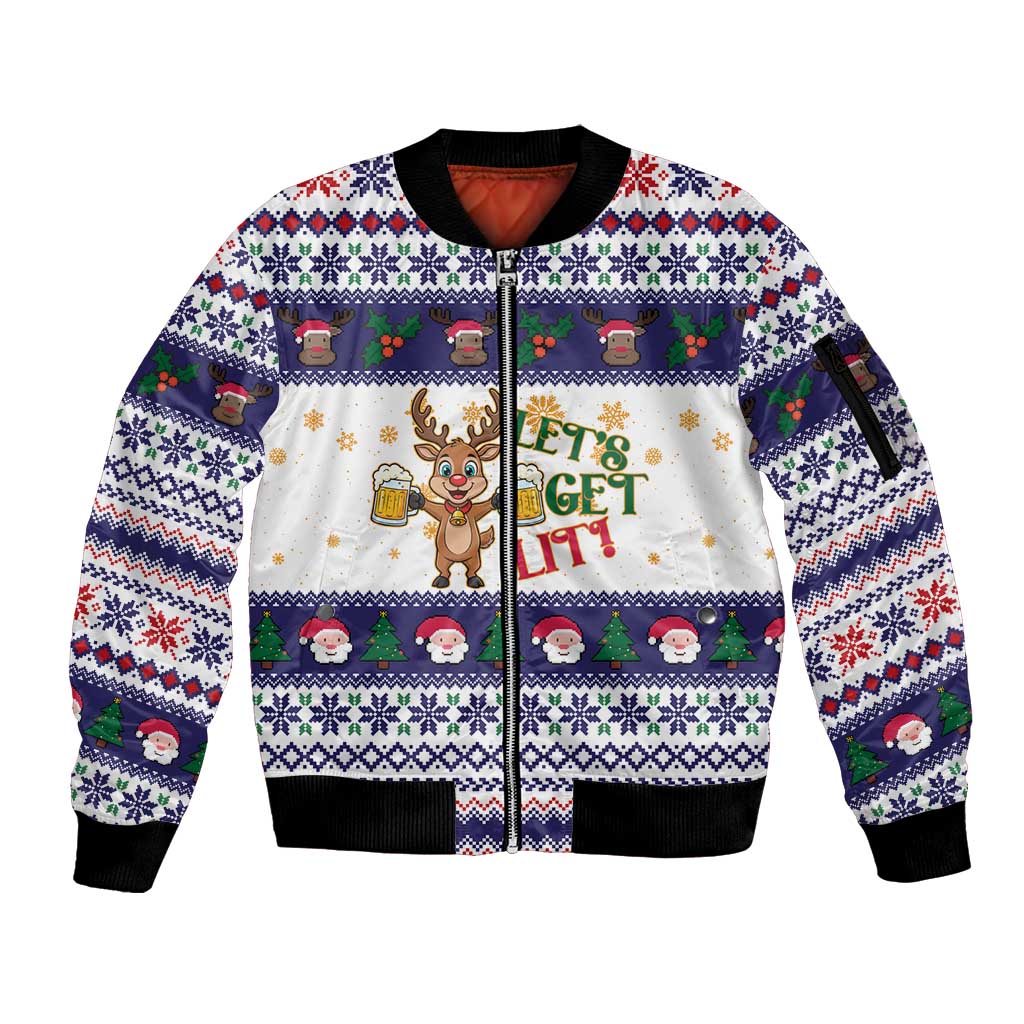 Reindeer Beer Christmas Sleeve Zip Bomber Jacket Xmas Holiday Patterns - Wonder Print Shop