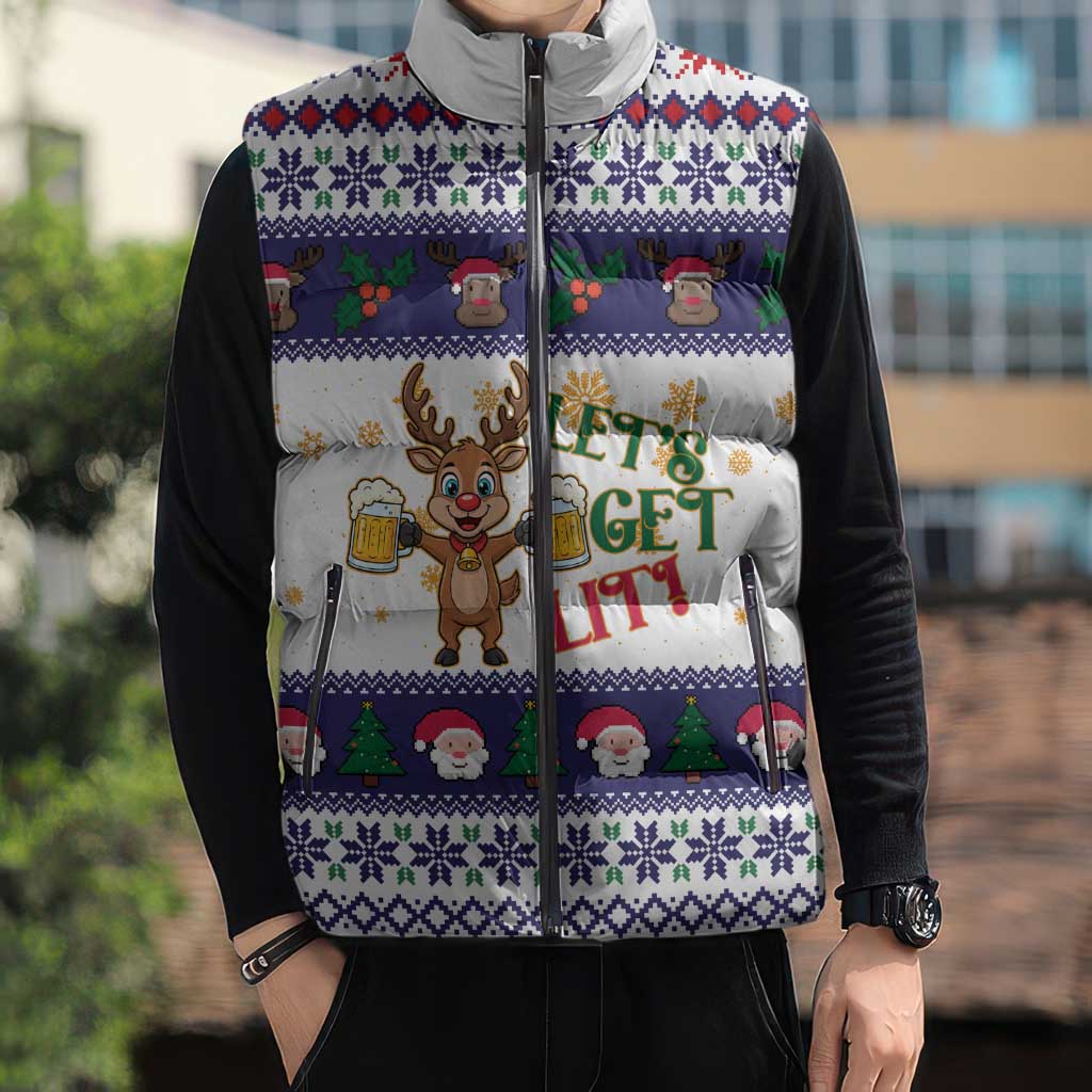Reindeer Beer Christmas Sleeveless Puffer Jacket Xmas Holiday Patterns - Wonder Print Shop