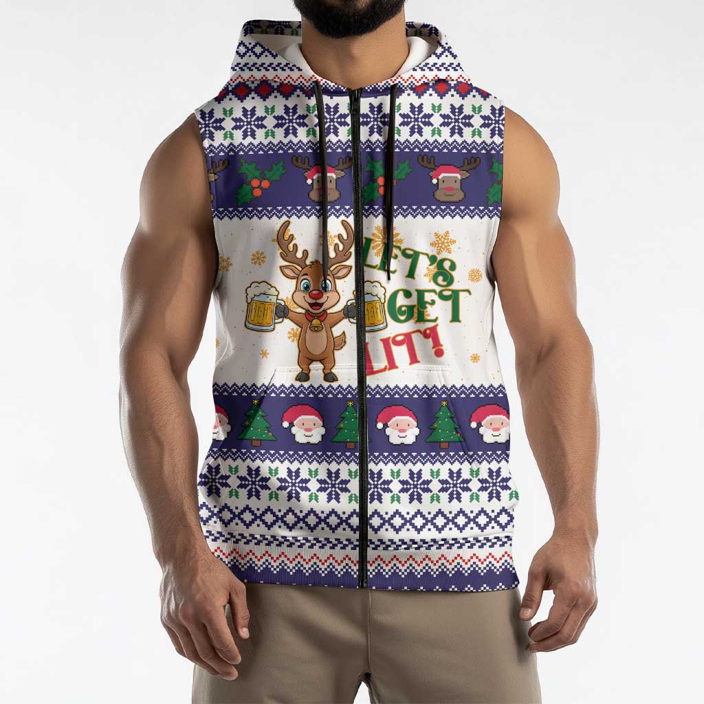 Reindeer Beer Christmas Sleeveless Zip Hoodie Xmas Holiday Patterns - Wonder Print Shop