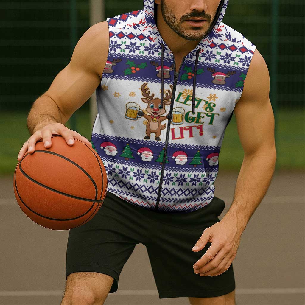 Reindeer Beer Christmas Sleeveless Zip Hoodie Xmas Holiday Patterns - Wonder Print Shop