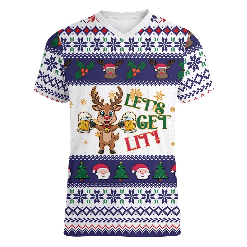 Reindeer Beer Christmas Women V-Neck T-Shirt Xmas Holiday Patterns - Wonder Print Shop