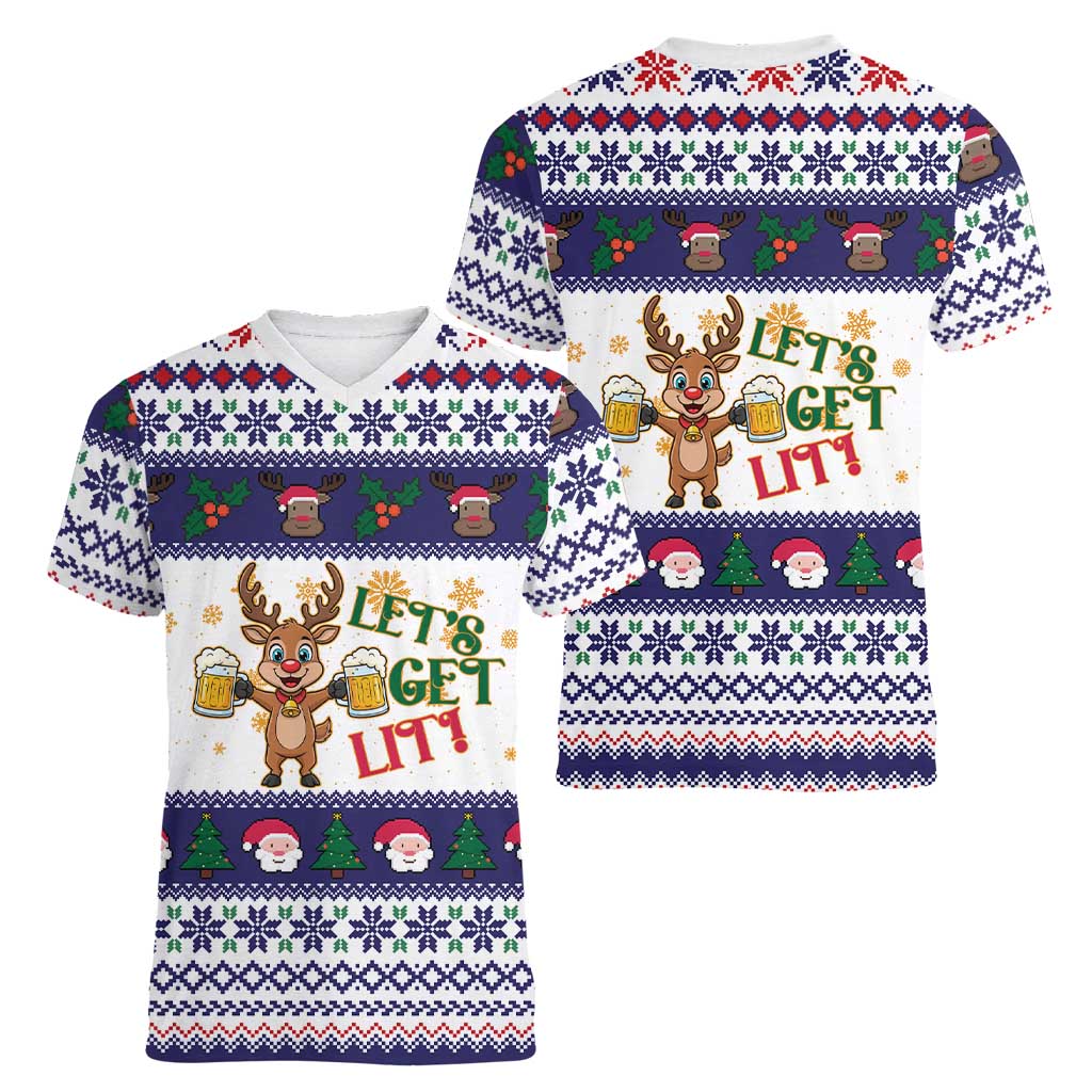 Reindeer Beer Christmas Women V-Neck T-Shirt Xmas Holiday Patterns - Wonder Print Shop