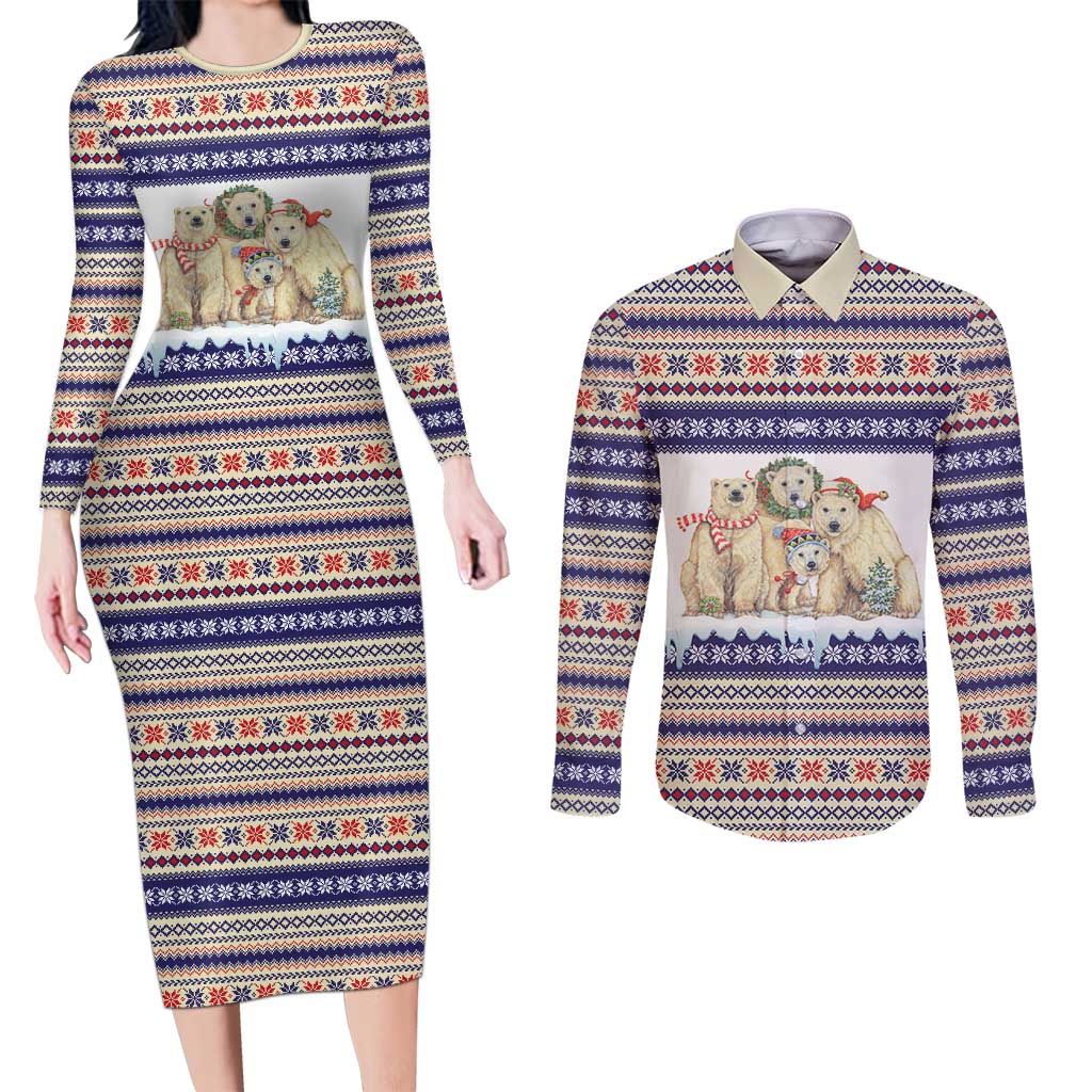 Polar Bears Christma Christmas Couples Matching Long Sleeve Bodycon Dress and Long Sleeve Button Shirt Xmas Holiday Patterns - Wonder Print Shop