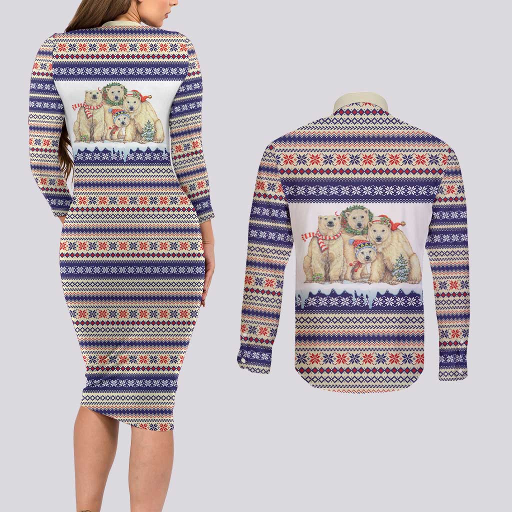 Polar Bears Christma Christmas Couples Matching Long Sleeve Bodycon Dress and Long Sleeve Button Shirt Xmas Holiday Patterns - Wonder Print Shop