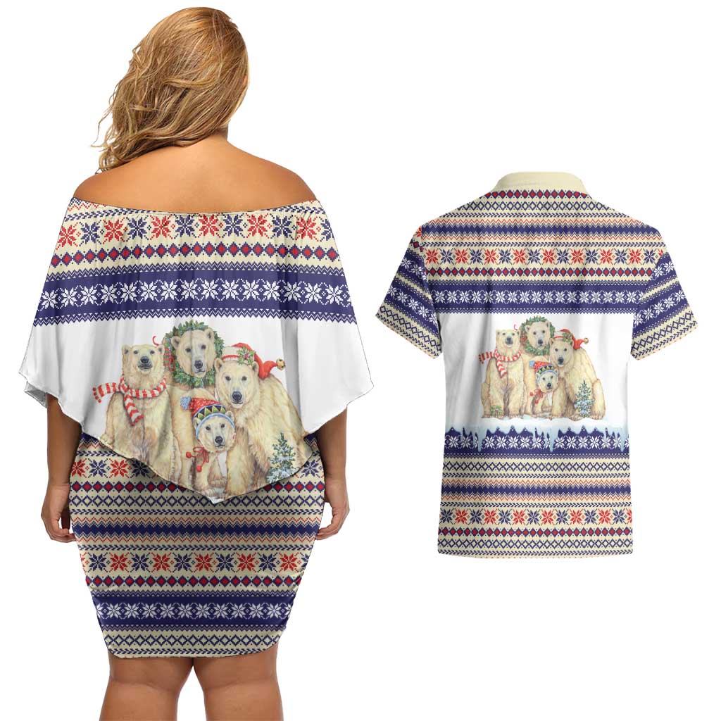 Polar Bears Christma Christmas Couples Matching Off Shoulder Short Dress and Hawaiian Shirt Xmas Holiday Patterns - Wonder Print Shop