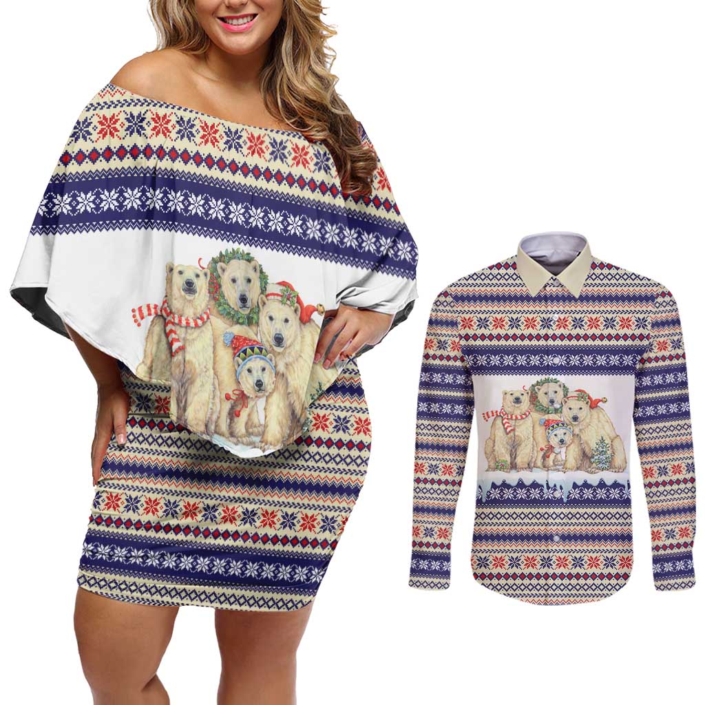 Polar Bears Christma Christmas Couples Matching Off Shoulder Short Dress and Long Sleeve Button Shirt Xmas Holiday Patterns - Wonder Print Shop