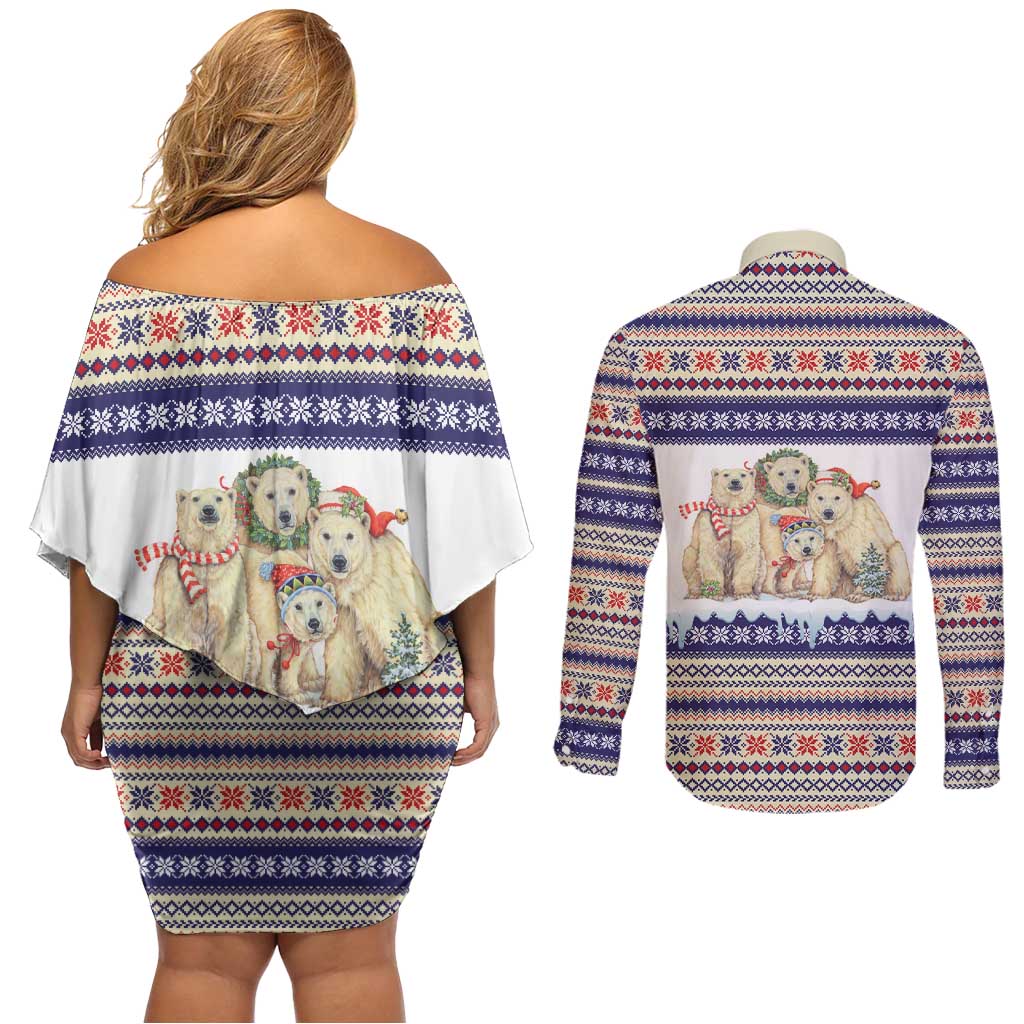 Polar Bears Christma Christmas Couples Matching Off Shoulder Short Dress and Long Sleeve Button Shirt Xmas Holiday Patterns - Wonder Print Shop