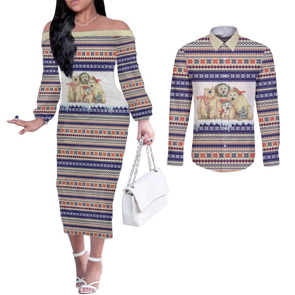 Polar Bears Christma Christmas Couples Matching Off The Shoulder Long Sleeve Dress and Long Sleeve Button Shirt Xmas Holiday Patterns - Wonder Print Shop