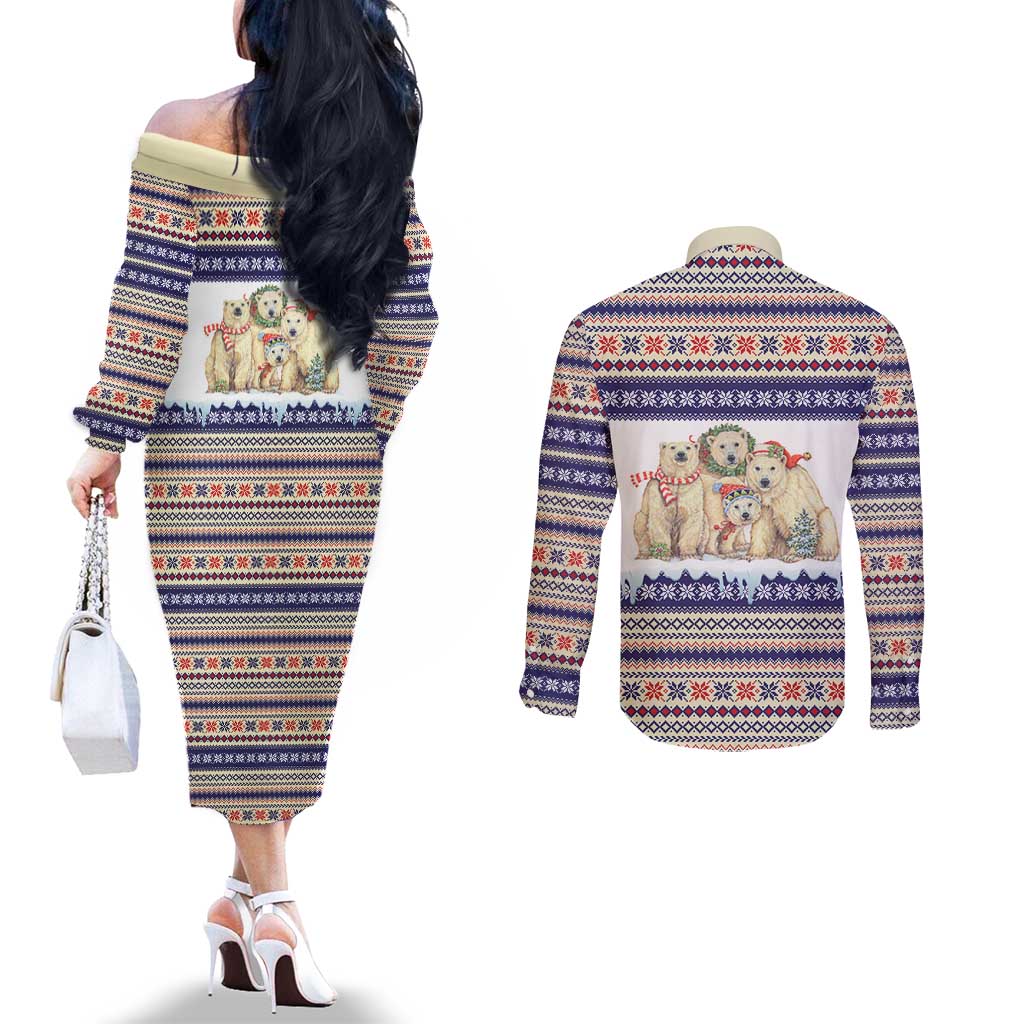 Polar Bears Christma Christmas Couples Matching Off The Shoulder Long Sleeve Dress and Long Sleeve Button Shirt Xmas Holiday Patterns - Wonder Print Shop
