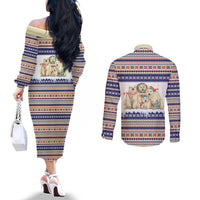 Polar Bears Christma Christmas Couples Matching Off The Shoulder Long Sleeve Dress and Long Sleeve Button Shirt Xmas Holiday Patterns - Wonder Print Shop