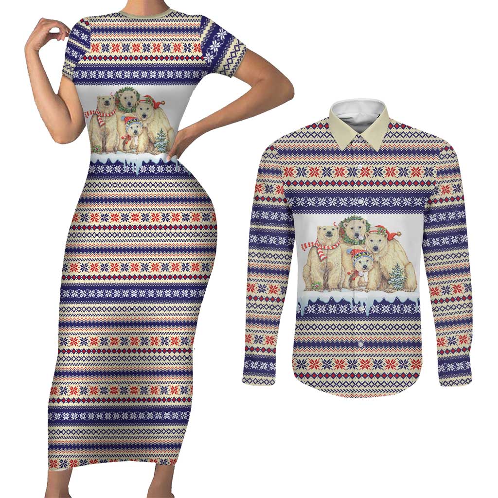 Polar Bears Christma Christmas Couples Matching Short Sleeve Bodycon Dress and Long Sleeve Button Shirt Xmas Holiday Patterns - Wonder Print Shop