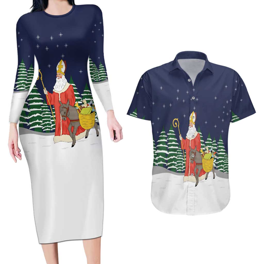 Saint Nicholas Christmas Couples Matching Long Sleeve Bodycon Dress and Hawaiian Shirt Xmas Holiday Patterns - Wonder Print Shop