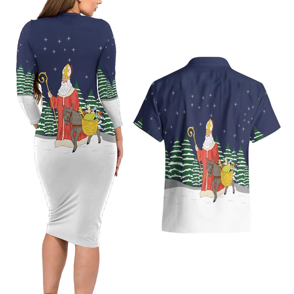 Saint Nicholas Christmas Couples Matching Long Sleeve Bodycon Dress and Hawaiian Shirt Xmas Holiday Patterns - Wonder Print Shop