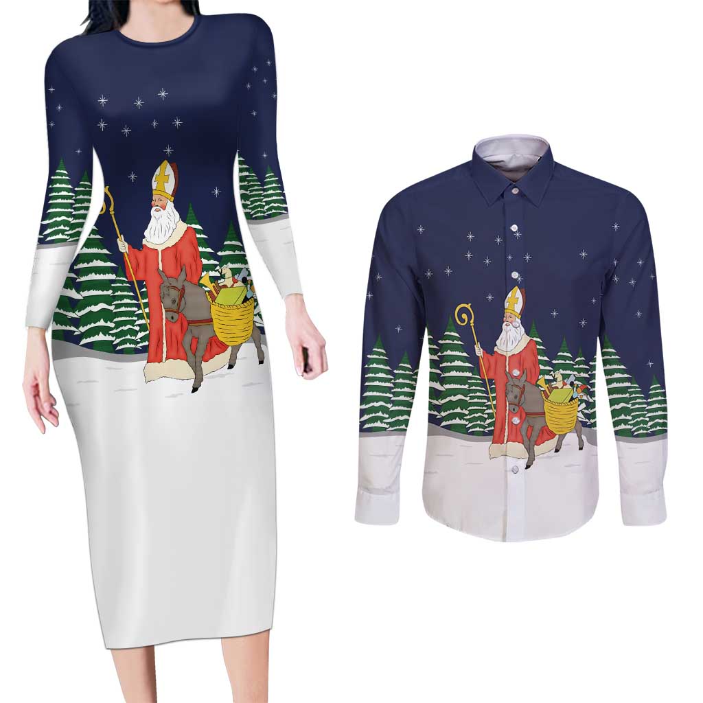 Saint Nicholas Christmas Couples Matching Long Sleeve Bodycon Dress and Long Sleeve Button Shirt Xmas Holiday Patterns - Wonder Print Shop