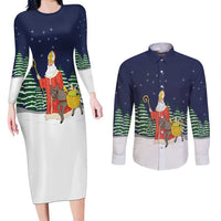 Saint Nicholas Christmas Couples Matching Long Sleeve Bodycon Dress and Long Sleeve Button Shirt Xmas Holiday Patterns - Wonder Print Shop