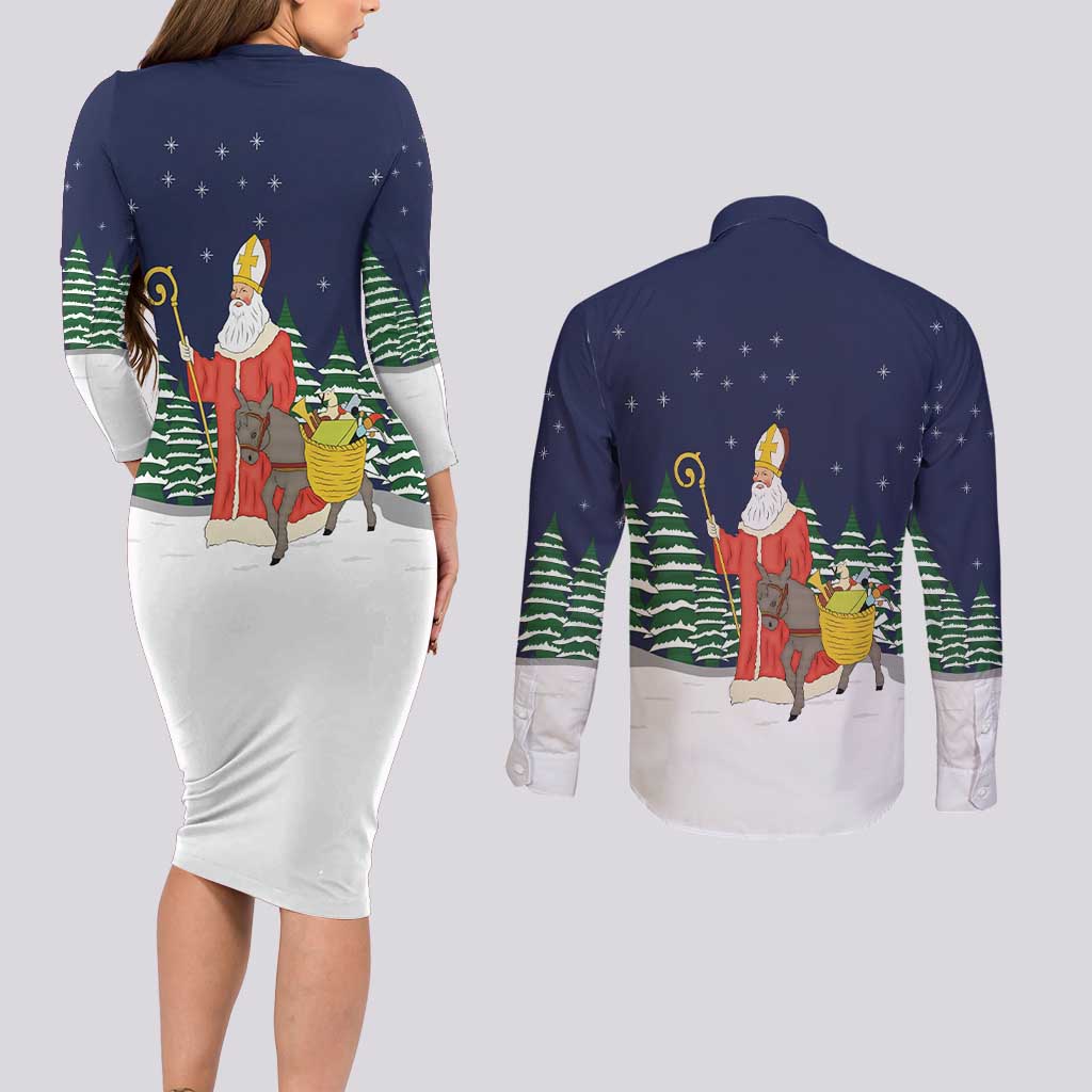Saint Nicholas Christmas Couples Matching Long Sleeve Bodycon Dress and Long Sleeve Button Shirt Xmas Holiday Patterns - Wonder Print Shop