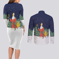 Saint Nicholas Christmas Couples Matching Long Sleeve Bodycon Dress and Long Sleeve Button Shirt Xmas Holiday Patterns - Wonder Print Shop