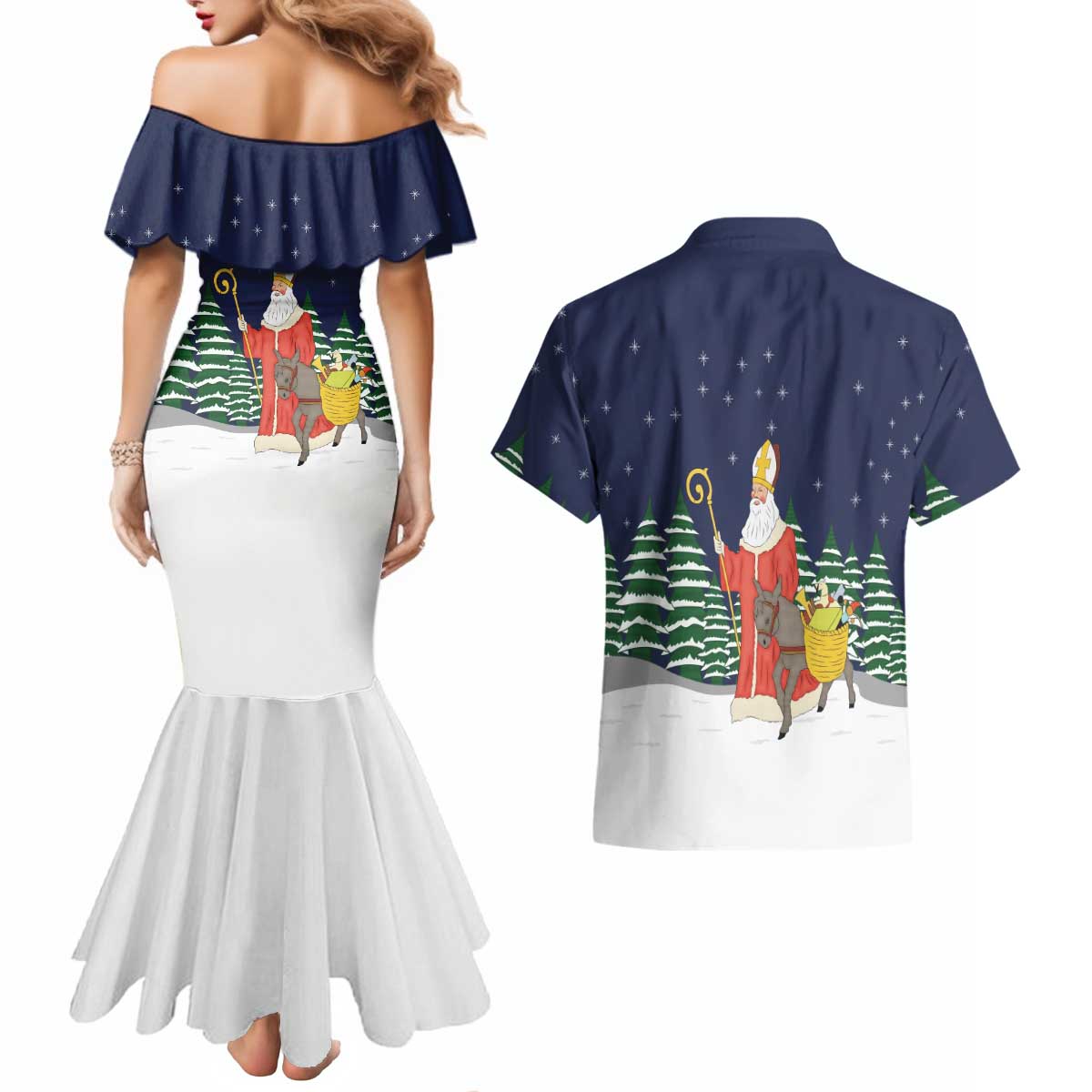 Saint Nicholas Christmas Couples Matching Mermaid Dress and Hawaiian Shirt Xmas Holiday Patterns - Wonder Print Shop