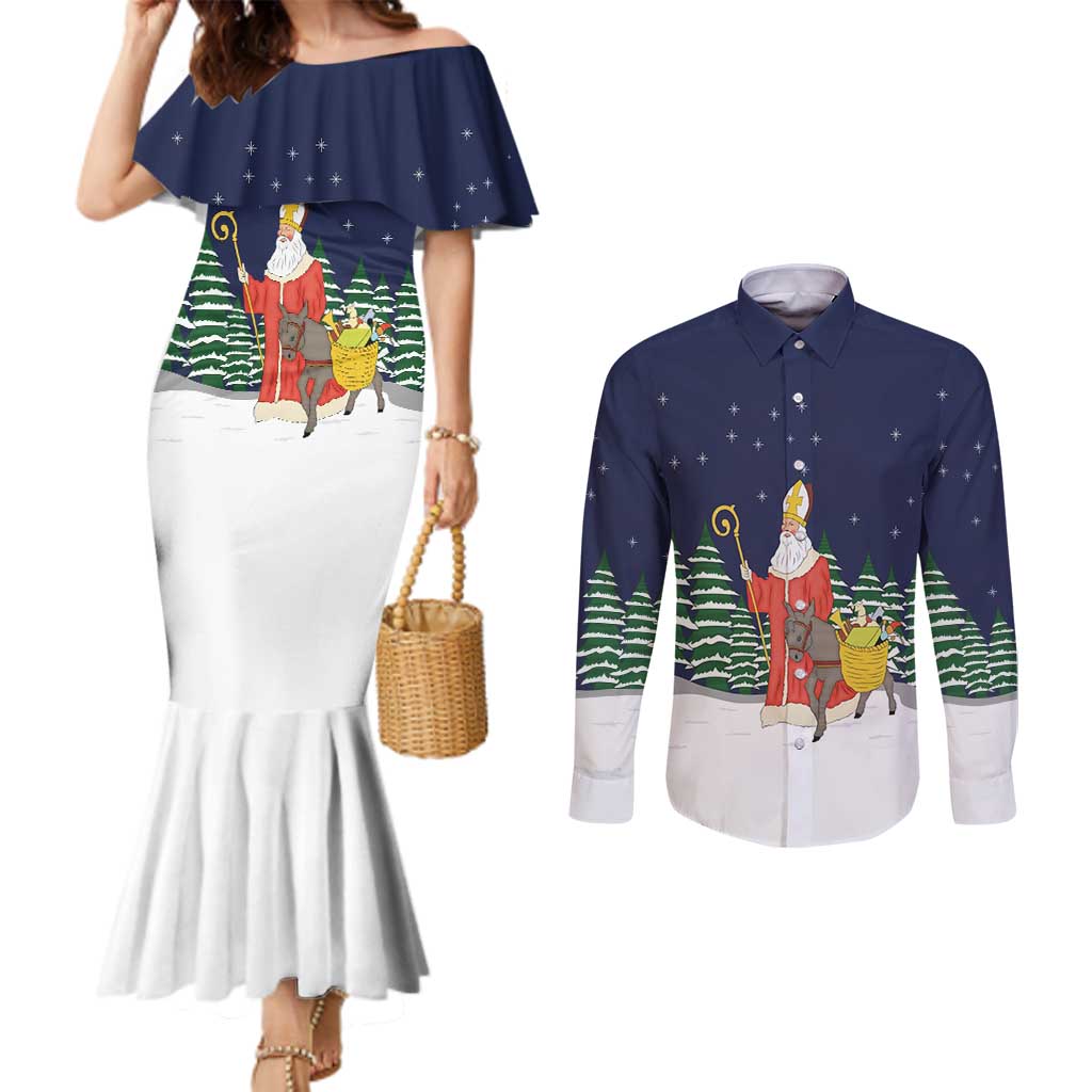 Saint Nicholas Christmas Couples Matching Mermaid Dress and Long Sleeve Button Shirt Xmas Holiday Patterns - Wonder Print Shop