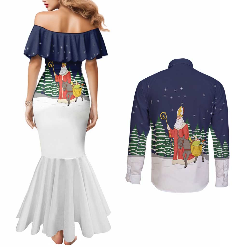 Saint Nicholas Christmas Couples Matching Mermaid Dress and Long Sleeve Button Shirt Xmas Holiday Patterns - Wonder Print Shop