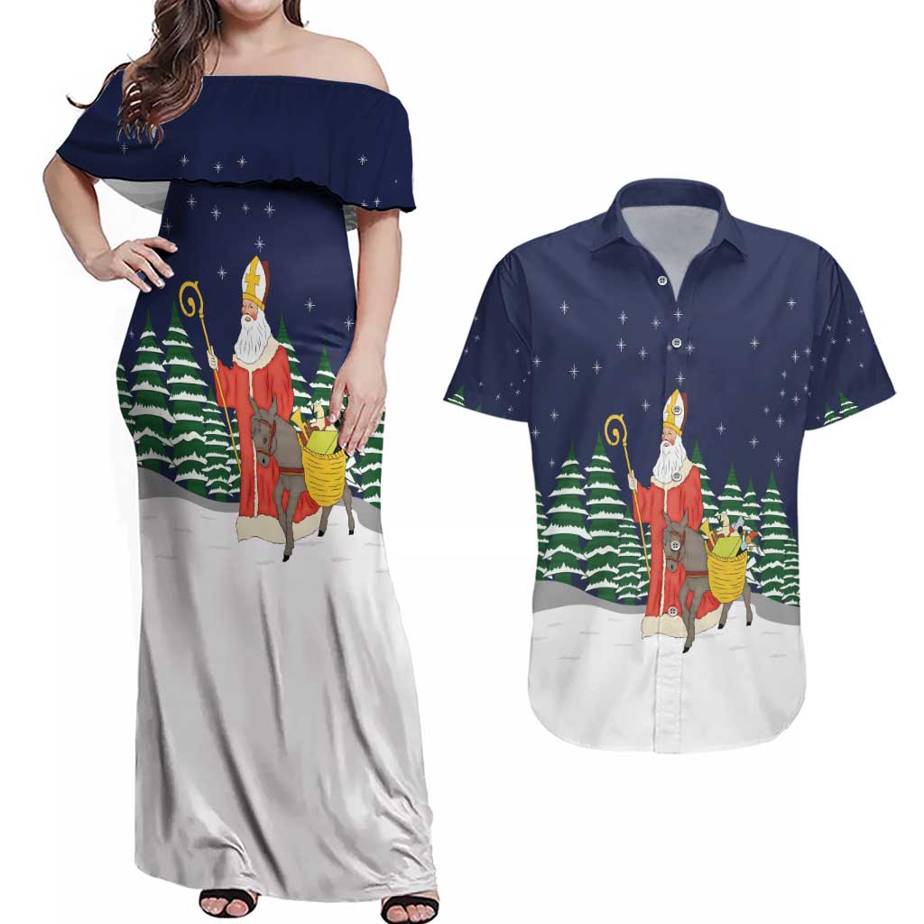 Saint Nicholas Christmas Couples Matching Off Shoulder Maxi Dress and Hawaiian Shirt Xmas Holiday Patterns - Wonder Print Shop