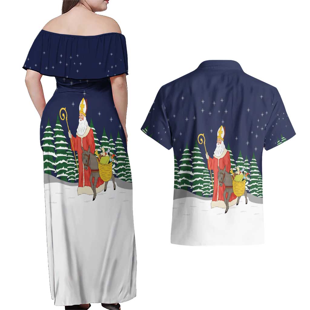 Saint Nicholas Christmas Couples Matching Off Shoulder Maxi Dress and Hawaiian Shirt Xmas Holiday Patterns - Wonder Print Shop