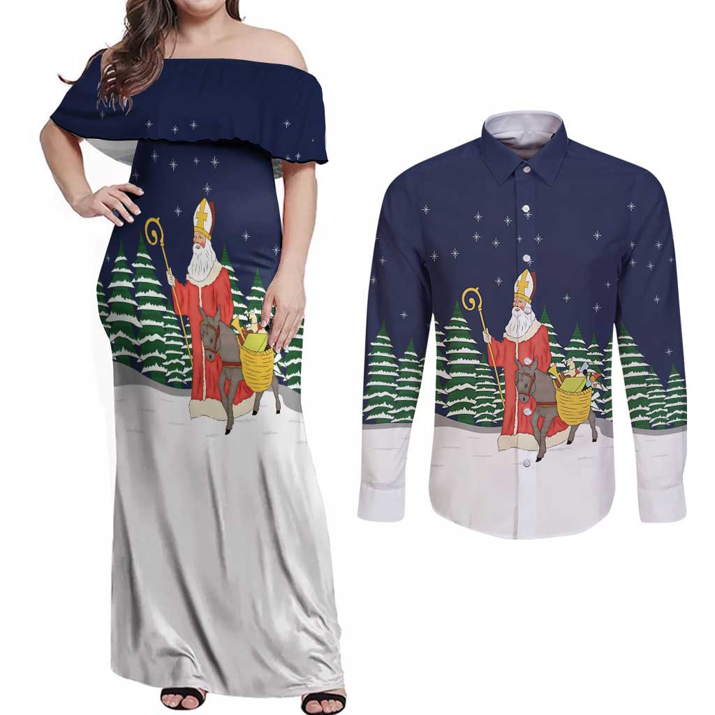 Saint Nicholas Christmas Couples Matching Off Shoulder Maxi Dress and Long Sleeve Button Shirt Xmas Holiday Patterns - Wonder Print Shop
