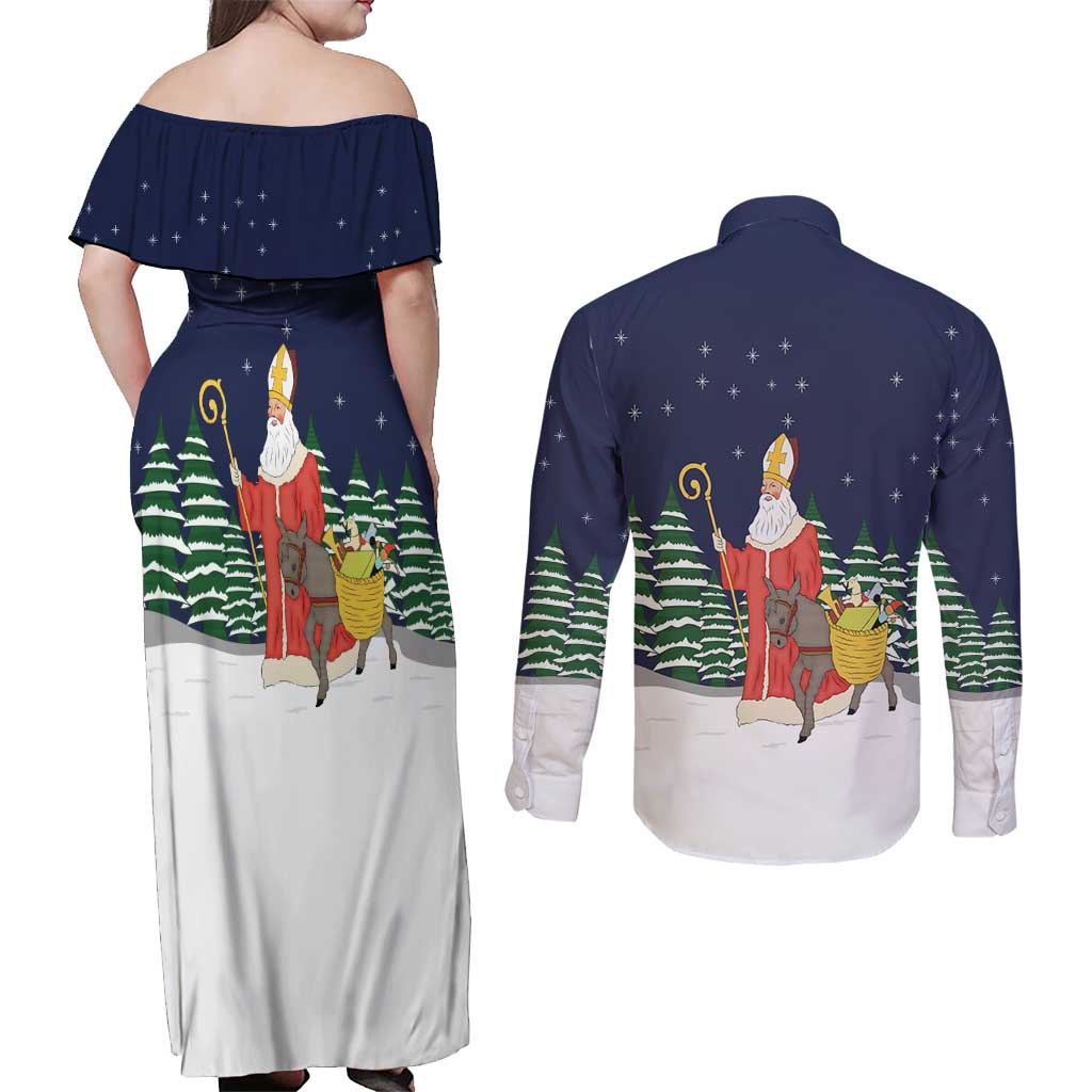 Saint Nicholas Christmas Couples Matching Off Shoulder Maxi Dress and Long Sleeve Button Shirt Xmas Holiday Patterns - Wonder Print Shop