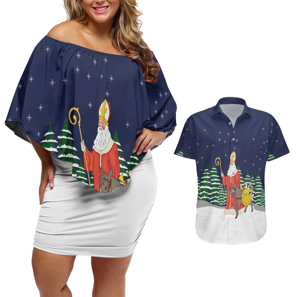 Saint Nicholas Christmas Couples Matching Off Shoulder Short Dress and Hawaiian Shirt Xmas Holiday Patterns - Wonder Print Shop