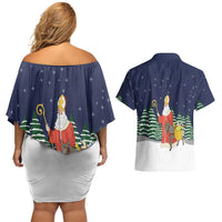 Saint Nicholas Christmas Couples Matching Off Shoulder Short Dress and Hawaiian Shirt Xmas Holiday Patterns - Wonder Print Shop