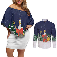 Saint Nicholas Christmas Couples Matching Off Shoulder Short Dress and Long Sleeve Button Shirt Xmas Holiday Patterns - Wonder Print Shop
