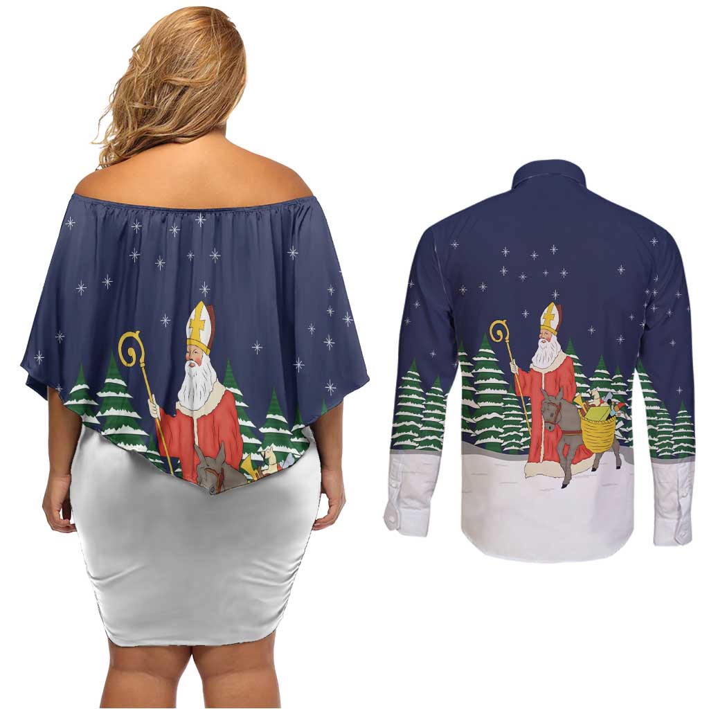 Saint Nicholas Christmas Couples Matching Off Shoulder Short Dress and Long Sleeve Button Shirt Xmas Holiday Patterns - Wonder Print Shop