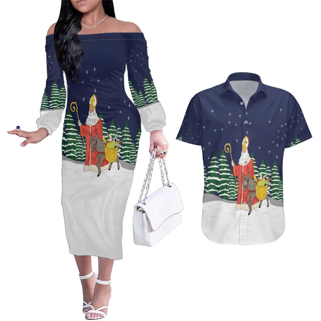 Saint Nicholas Christmas Couples Matching Off The Shoulder Long Sleeve Dress and Hawaiian Shirt Xmas Holiday Patterns - Wonder Print Shop