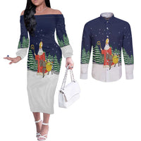 Saint Nicholas Christmas Couples Matching Off The Shoulder Long Sleeve Dress and Long Sleeve Button Shirt Xmas Holiday Patterns - Wonder Print Shop