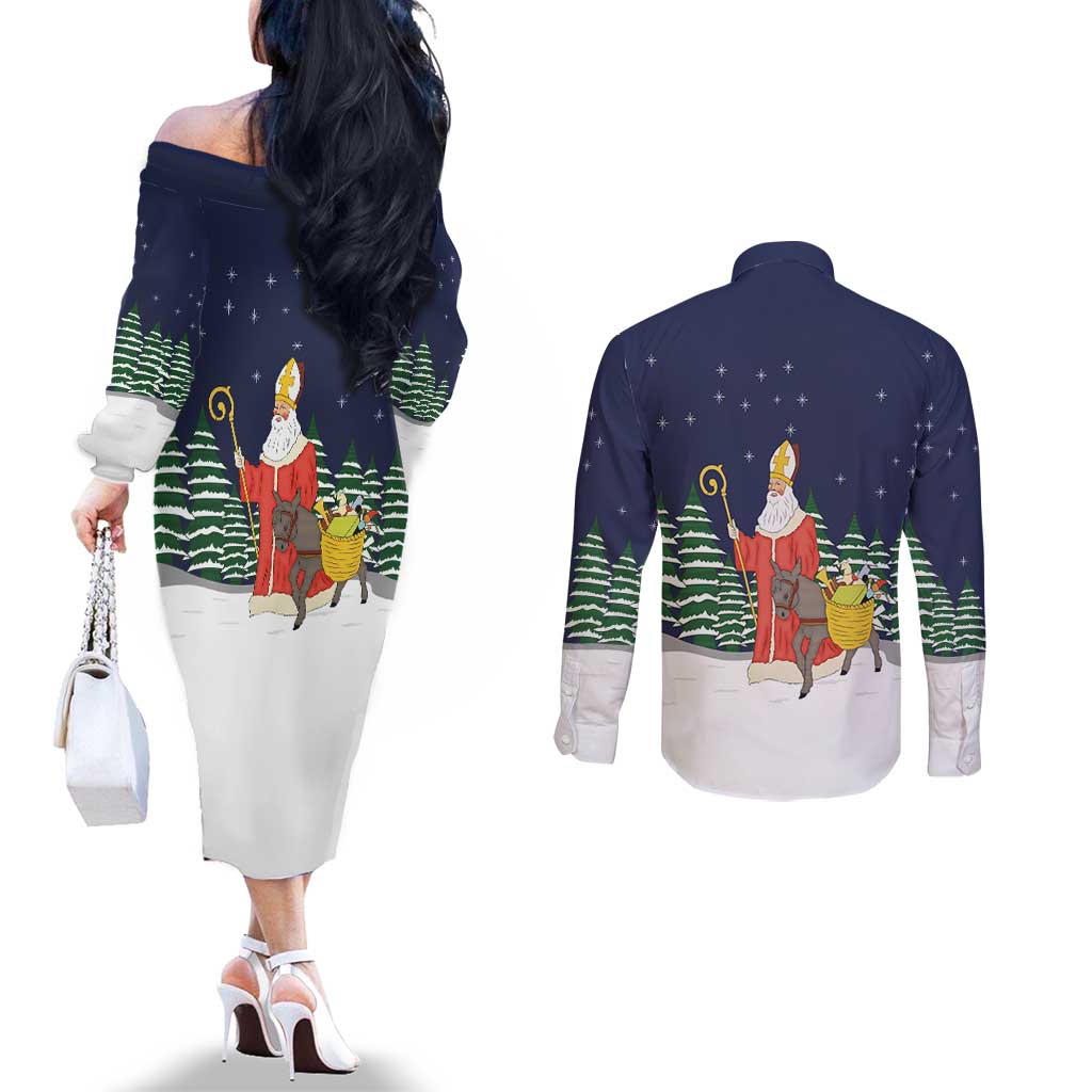 Saint Nicholas Christmas Couples Matching Off The Shoulder Long Sleeve Dress and Long Sleeve Button Shirt Xmas Holiday Patterns - Wonder Print Shop