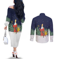 Saint Nicholas Christmas Couples Matching Off The Shoulder Long Sleeve Dress and Long Sleeve Button Shirt Xmas Holiday Patterns - Wonder Print Shop