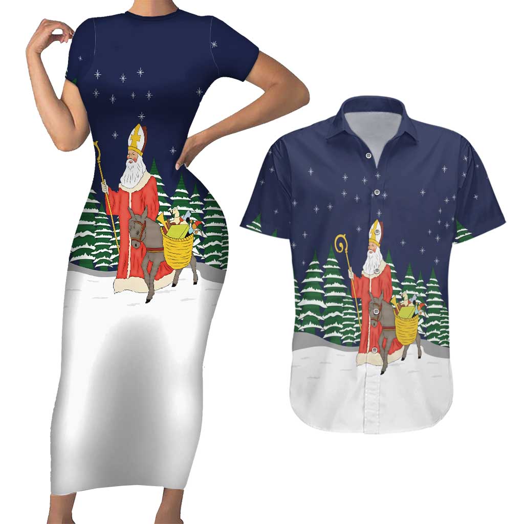 Saint Nicholas Christmas Couples Matching Short Sleeve Bodycon Dress and Hawaiian Shirt Xmas Holiday Patterns - Wonder Print Shop