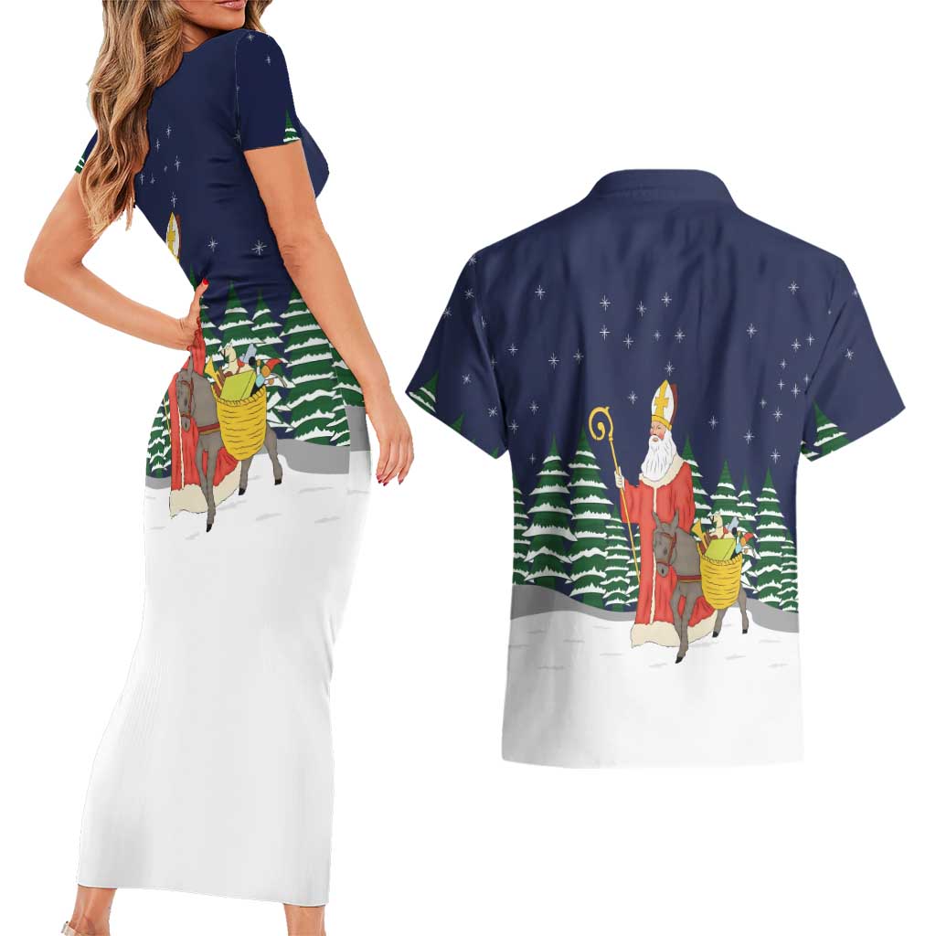 Saint Nicholas Christmas Couples Matching Short Sleeve Bodycon Dress and Hawaiian Shirt Xmas Holiday Patterns - Wonder Print Shop