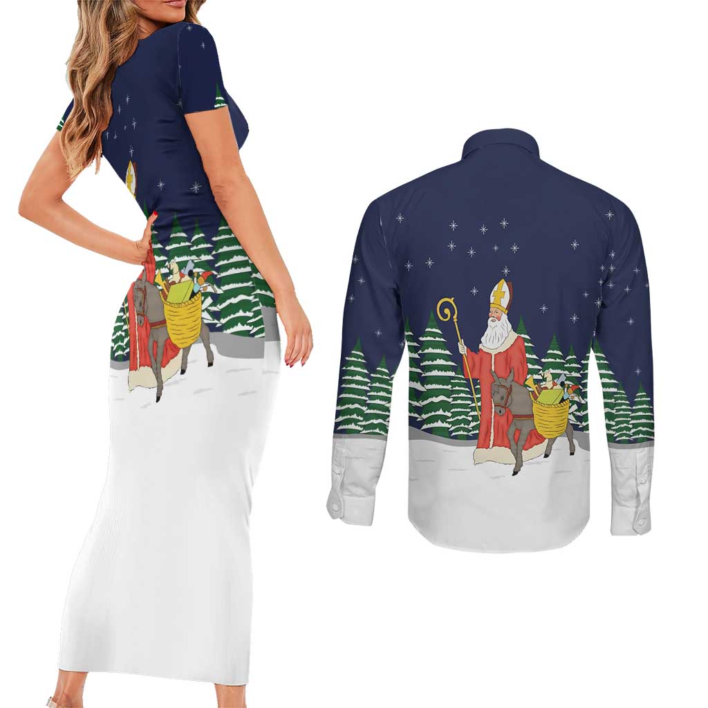 Saint Nicholas Christmas Couples Matching Short Sleeve Bodycon Dress and Long Sleeve Button Shirt Xmas Holiday Patterns - Wonder Print Shop