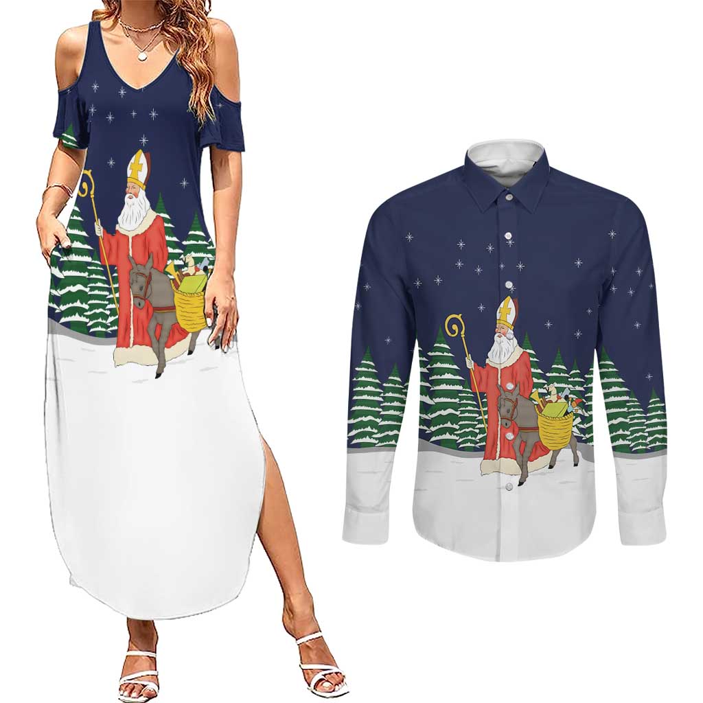 Saint Nicholas Christmas Couples Matching Summer Maxi Dress and Long Sleeve Button Shirt Xmas Holiday Patterns - Wonder Print Shop