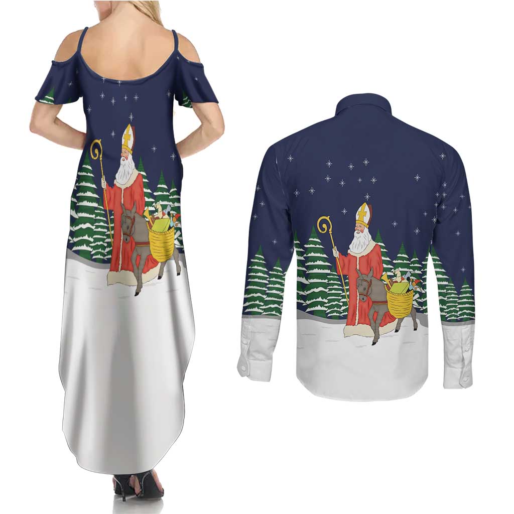 Saint Nicholas Christmas Couples Matching Summer Maxi Dress and Long Sleeve Button Shirt Xmas Holiday Patterns - Wonder Print Shop