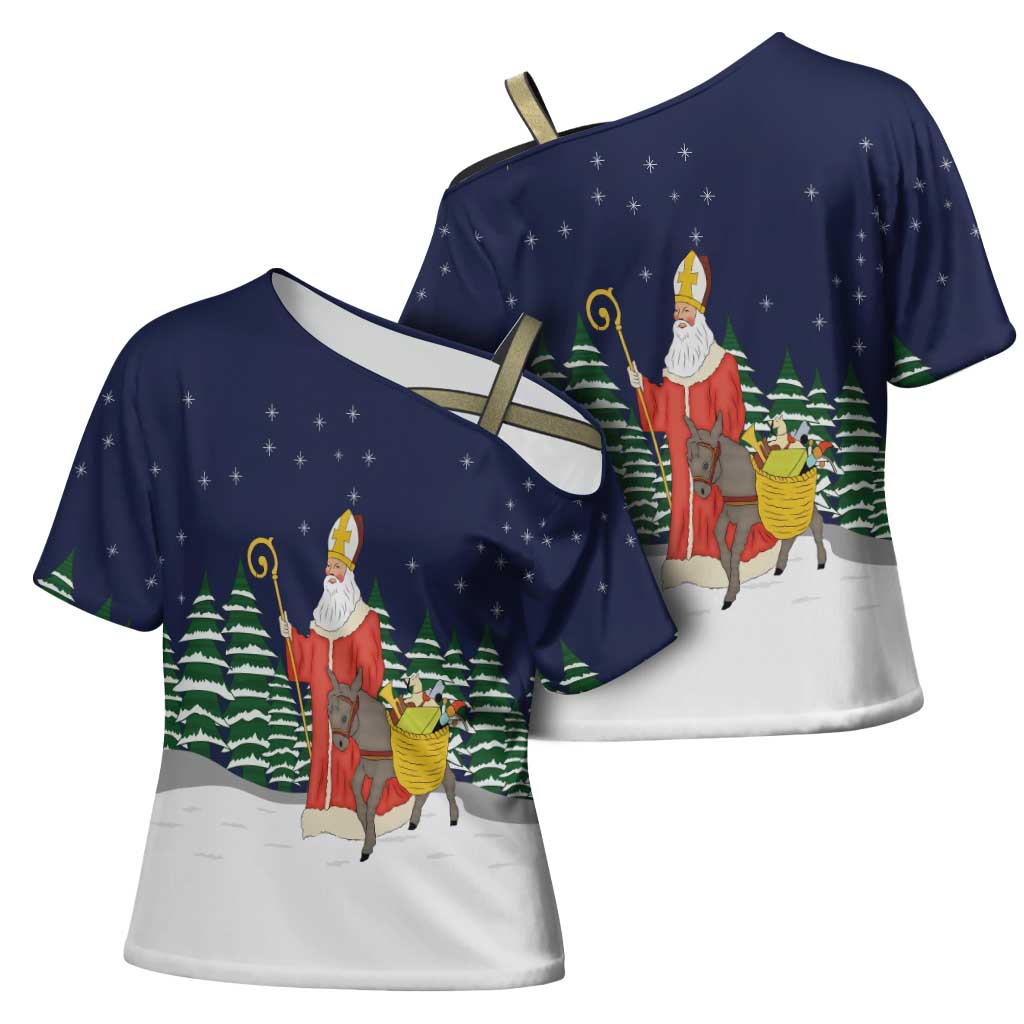 Saint Nicholas Christmas Cross Shoulder Shirt Xmas Holiday Patterns - Wonder Print Shop
