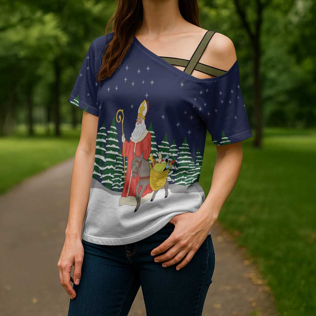 Saint Nicholas Christmas Cross Shoulder Shirt Xmas Holiday Patterns - Wonder Print Shop
