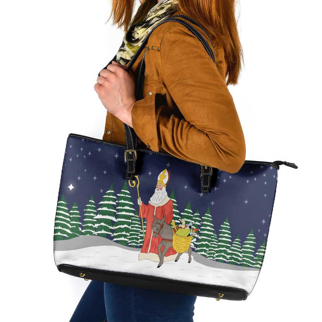 Saint Nicholas Christmas Leather Tote Bag Xmas Holiday Patterns - Wonder Print Shop