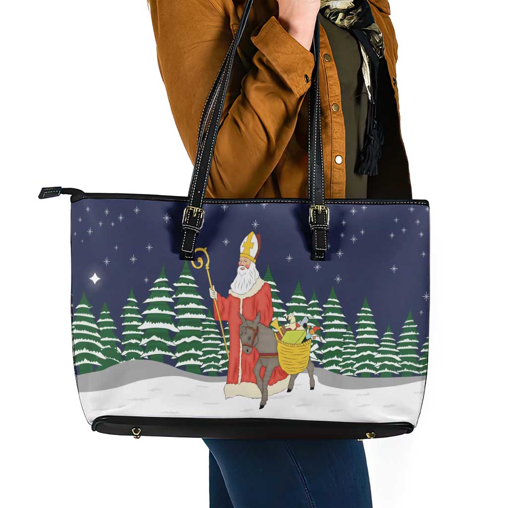 Saint Nicholas Christmas Leather Tote Bag Xmas Holiday Patterns - Wonder Print Shop