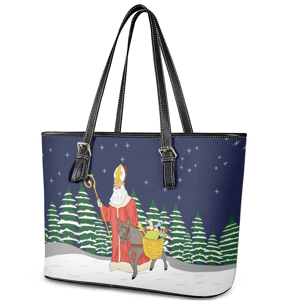 Saint Nicholas Christmas Leather Tote Bag Xmas Holiday Patterns - Wonder Print Shop
