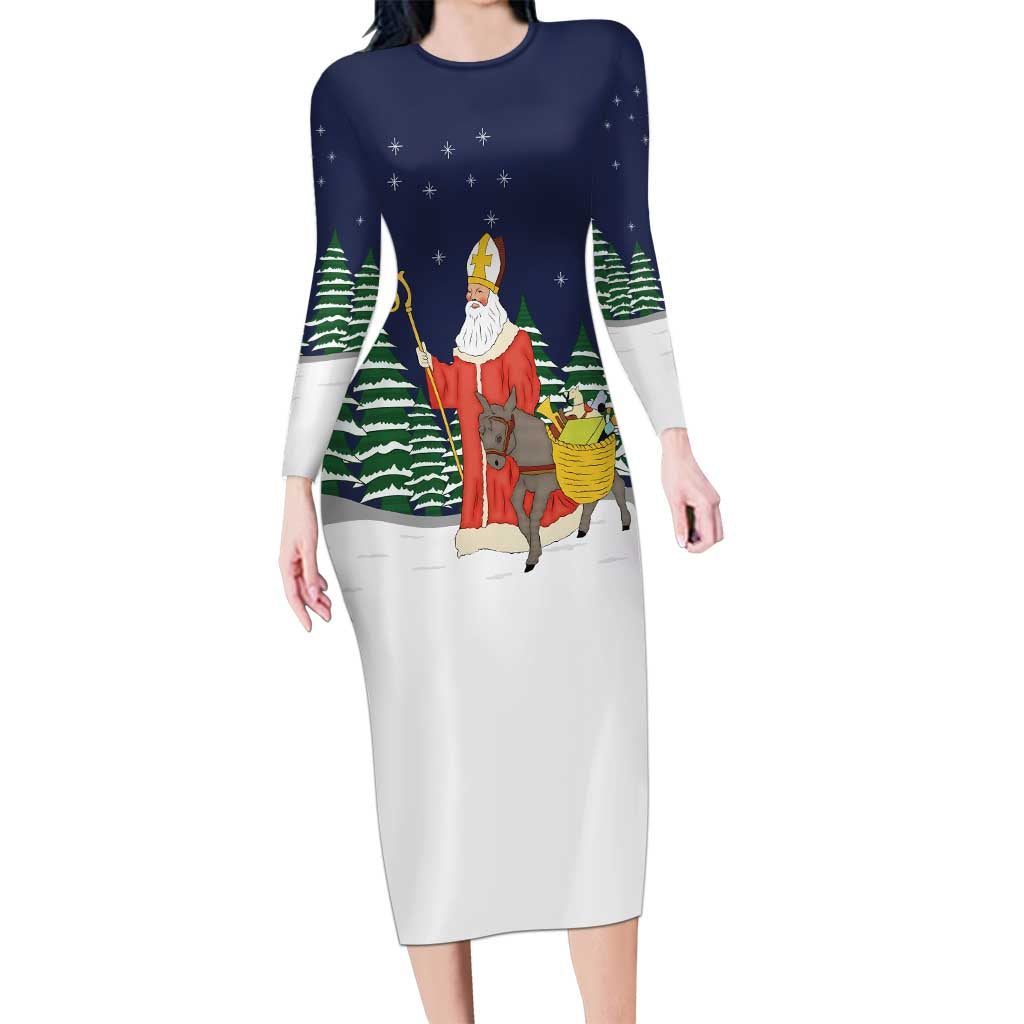 Saint Nicholas Christmas Long Sleeve Bodycon Dress Xmas Holiday Patterns - Wonder Print Shop